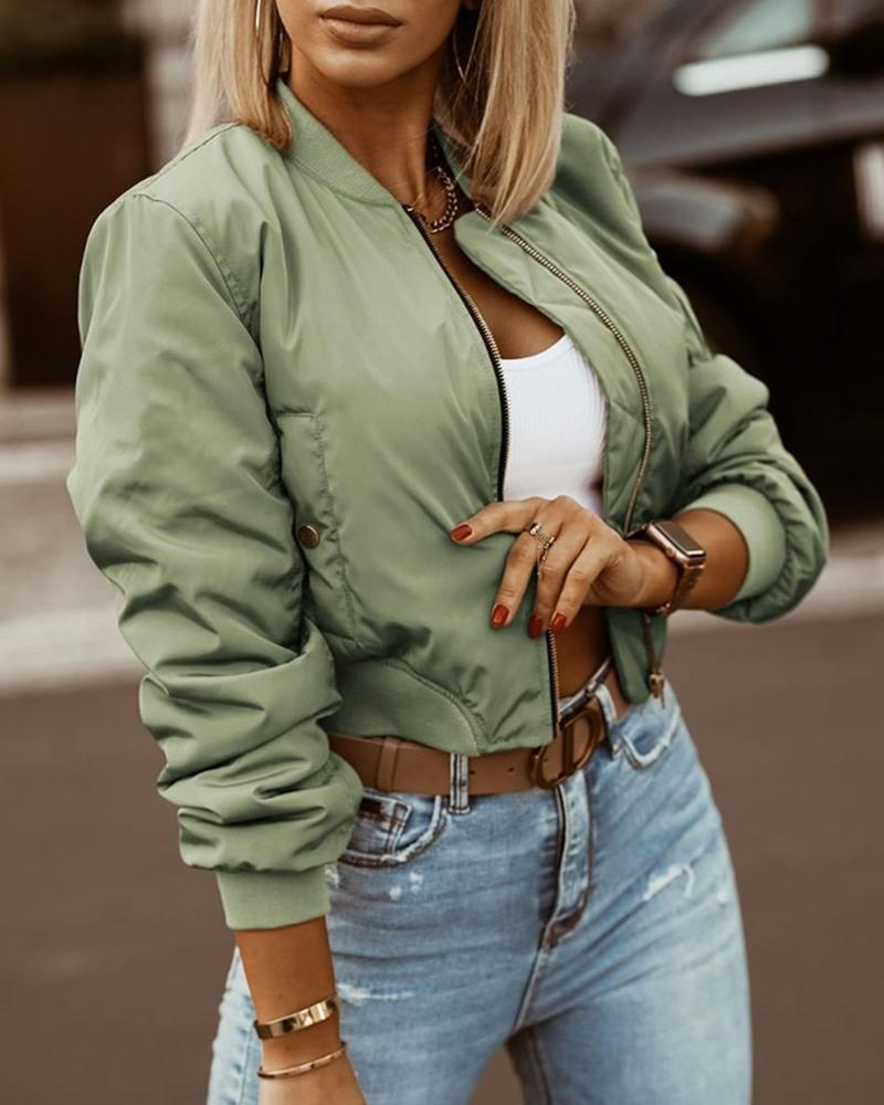 

Zipper Design Crop Baseball Jacket, Army green