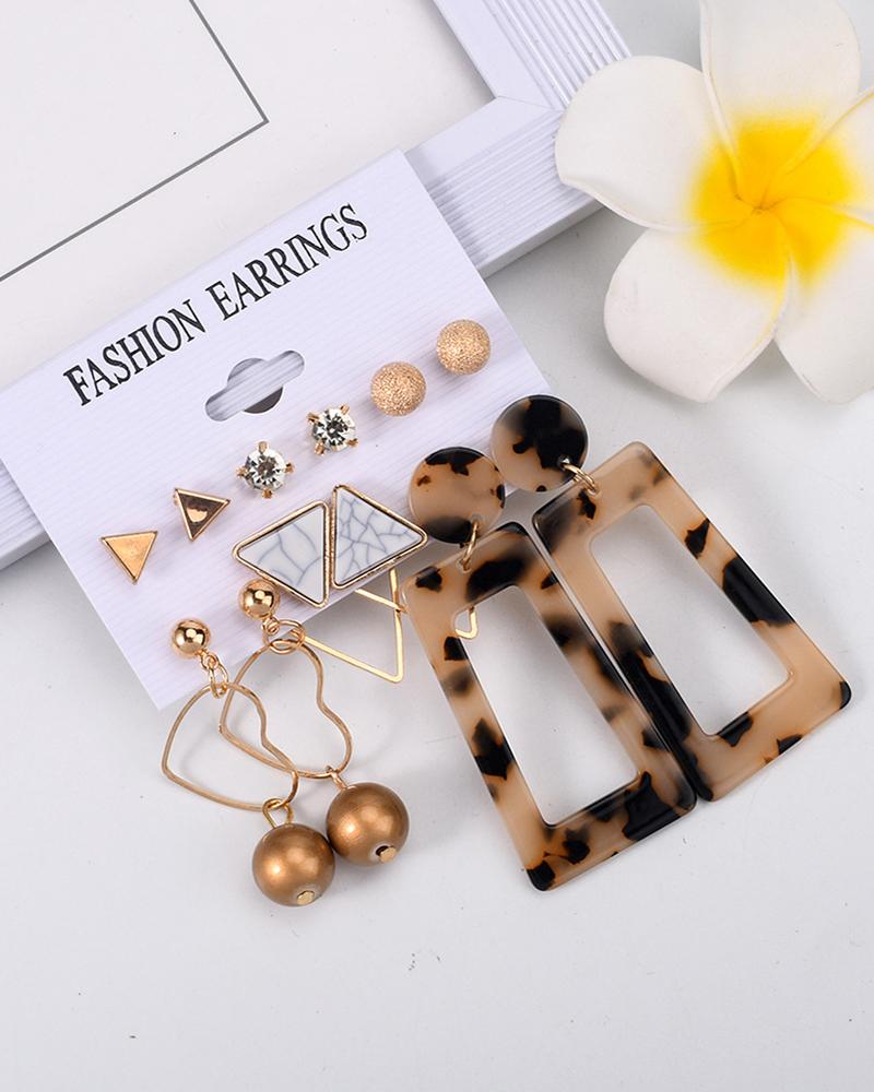 

6Pair Heart-Ring Geometric Pattern Beaded Earrings Set, Gold