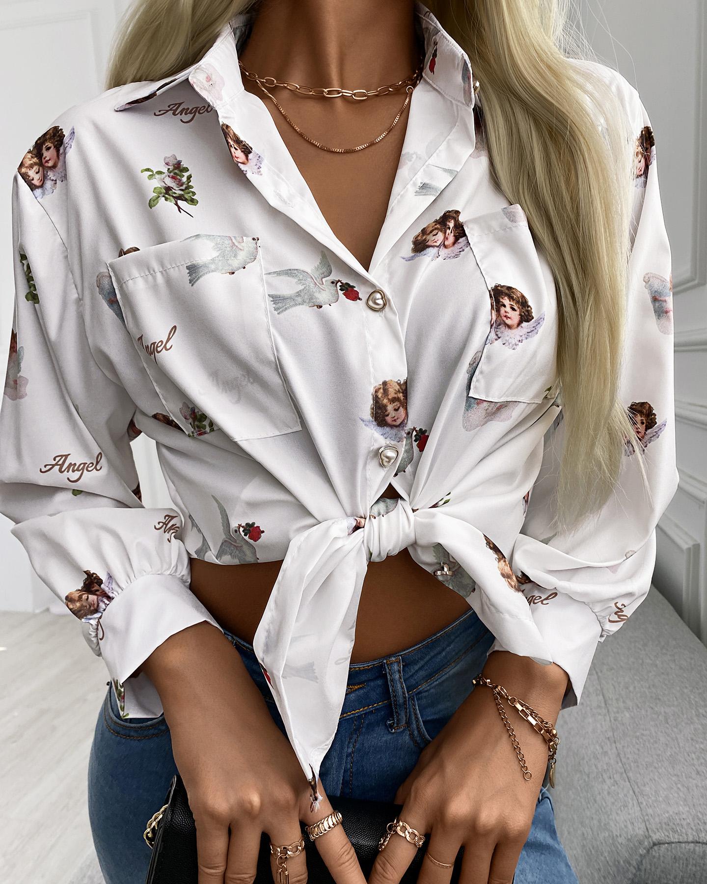 

Angel Print Pocket Design Long Sleeve Shirt, White