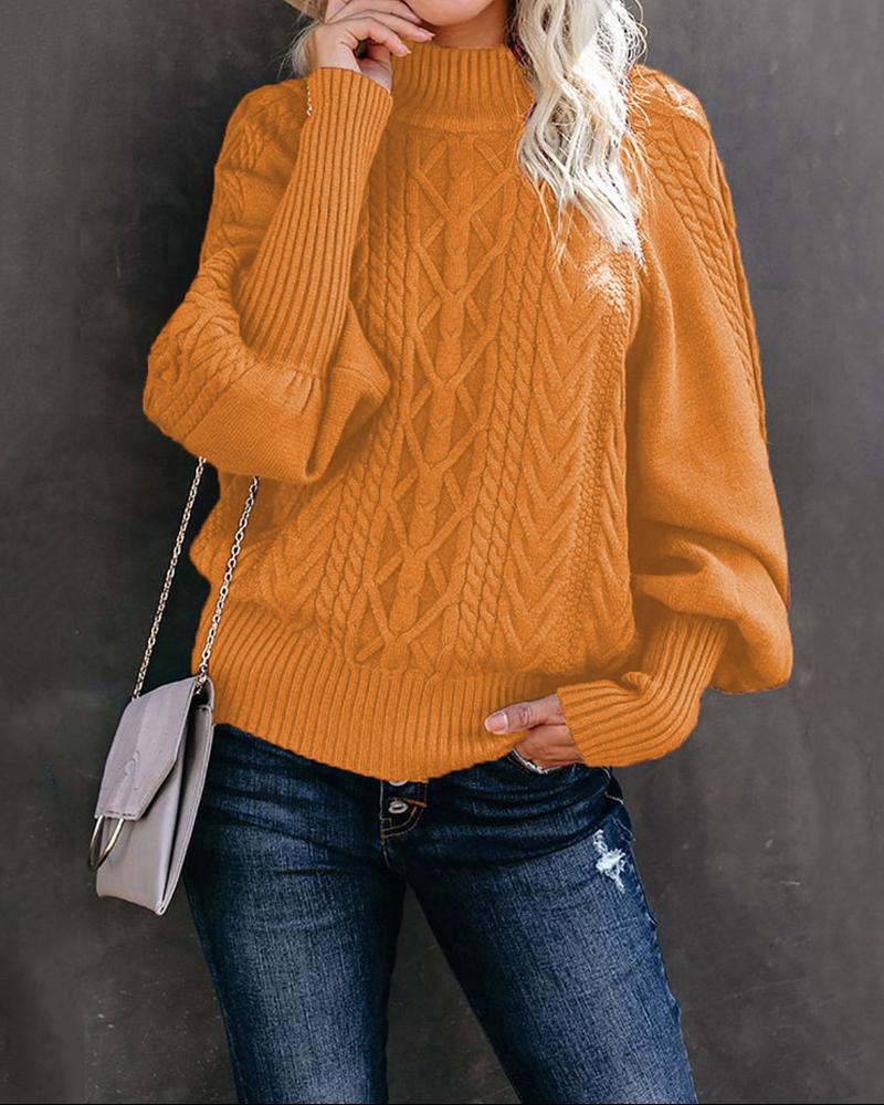 

Lantern Sleeve High Neck Cable Knit Warm Sweater, Orange