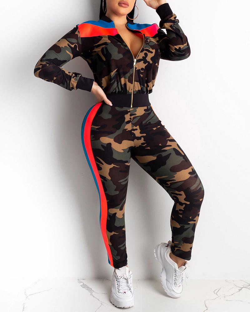 

Camouflage Colorblock Zipped Top & Pencil Pant Sets, Army green