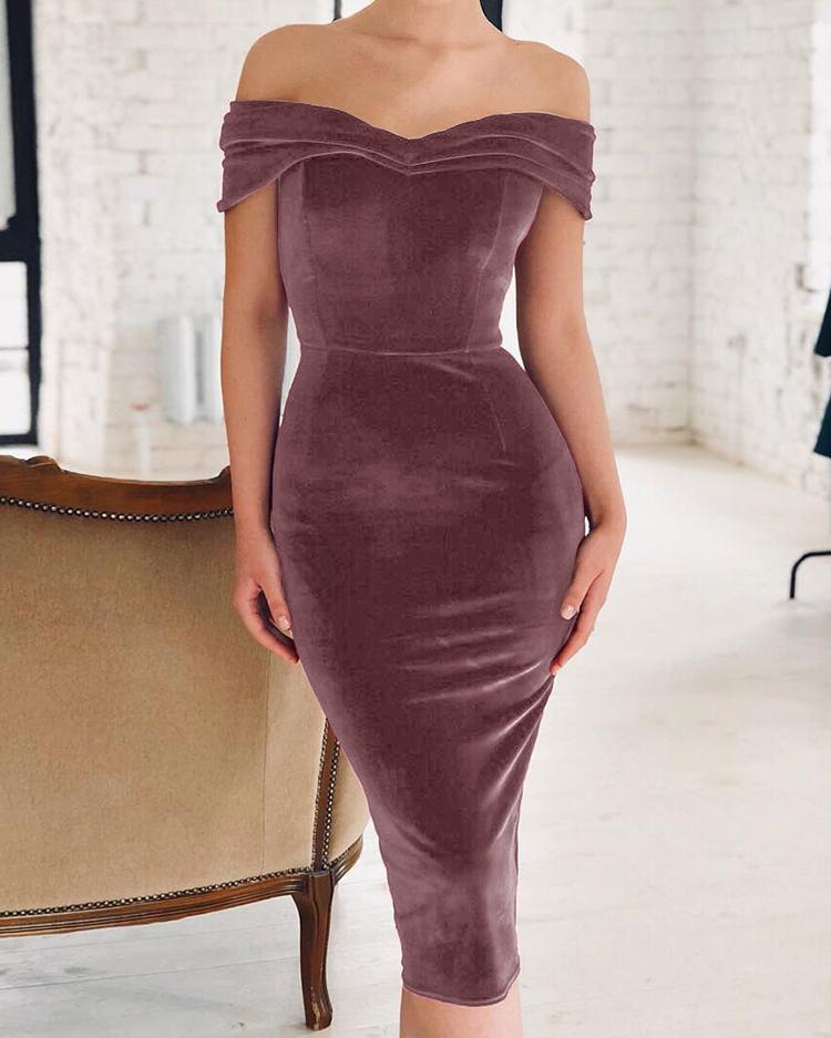 

Off Shoulder Ruched Velvet Party Dress, Hot pink