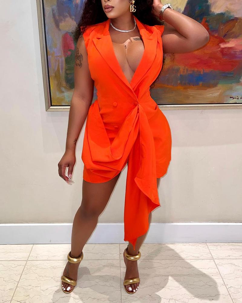 

Notched Collar Asymmetrical Double Breasted Romper, Orange
