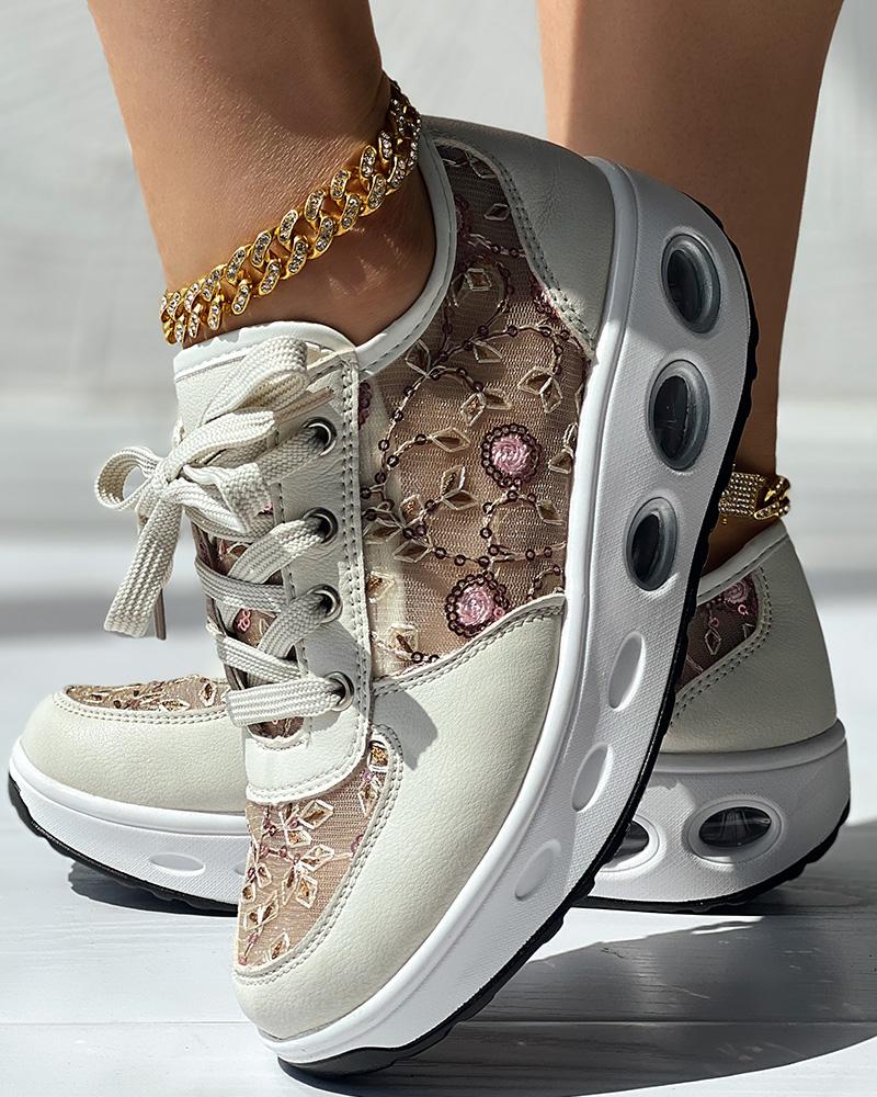 Floral Embroidery Lace Patch Muffin Sneakers