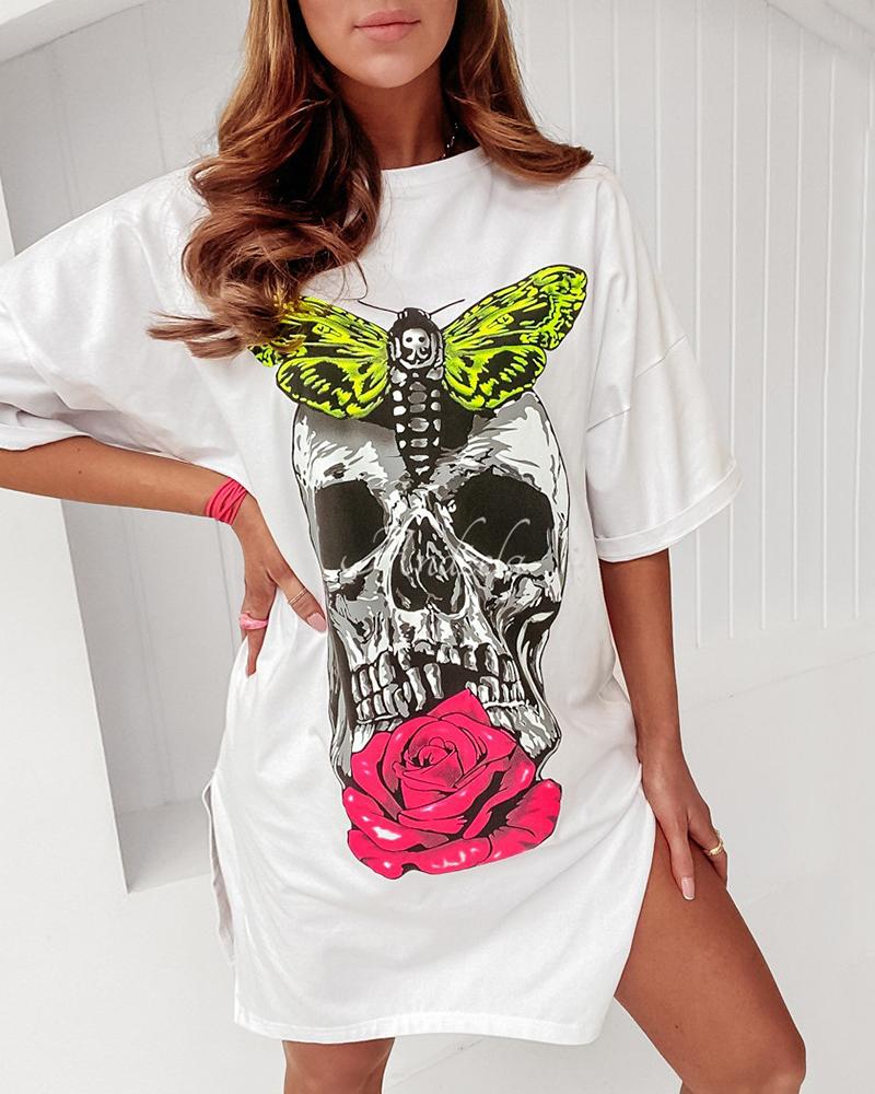 

Skull Rose Insect Print High Slit Casual Dress, White