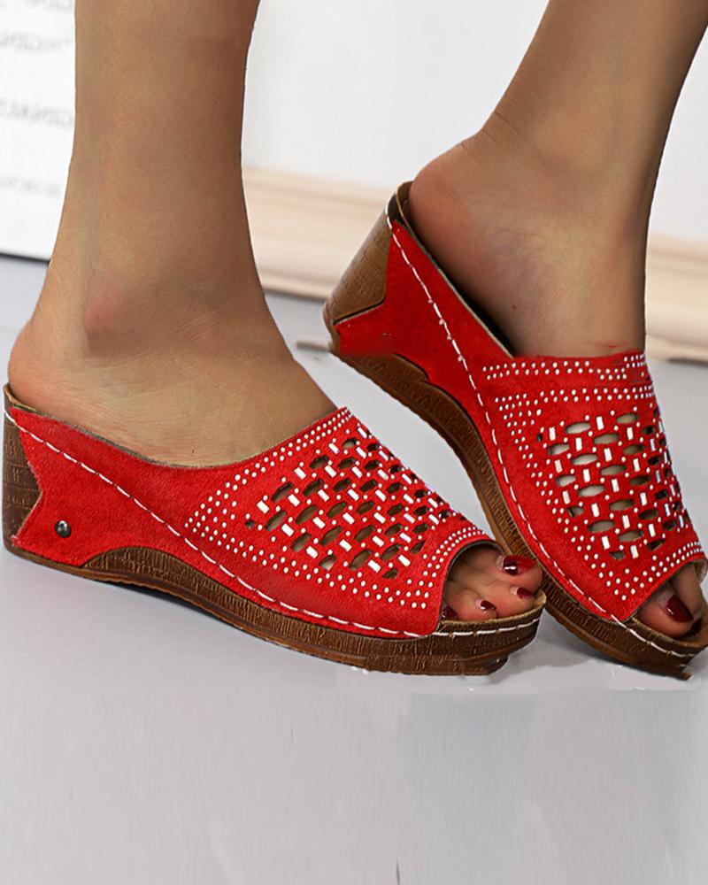 

Fish Mouth Hollow-out Color Block Platform Slippers, Red