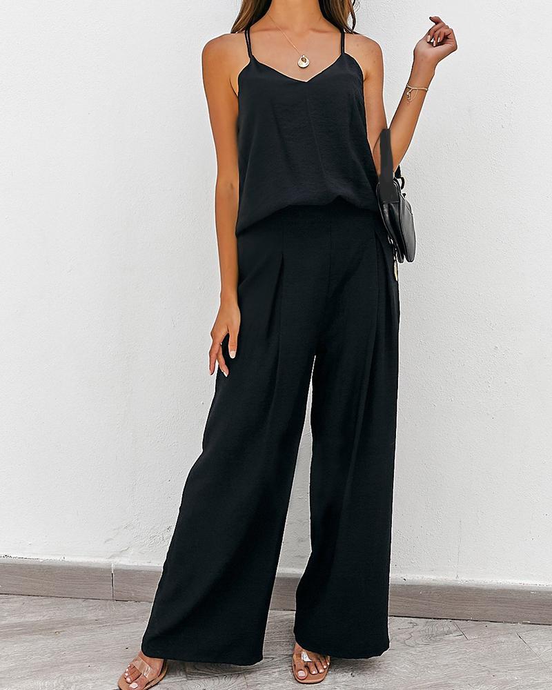 

Sleeveless Top & High Waist Wide Leg Pants Set, Black