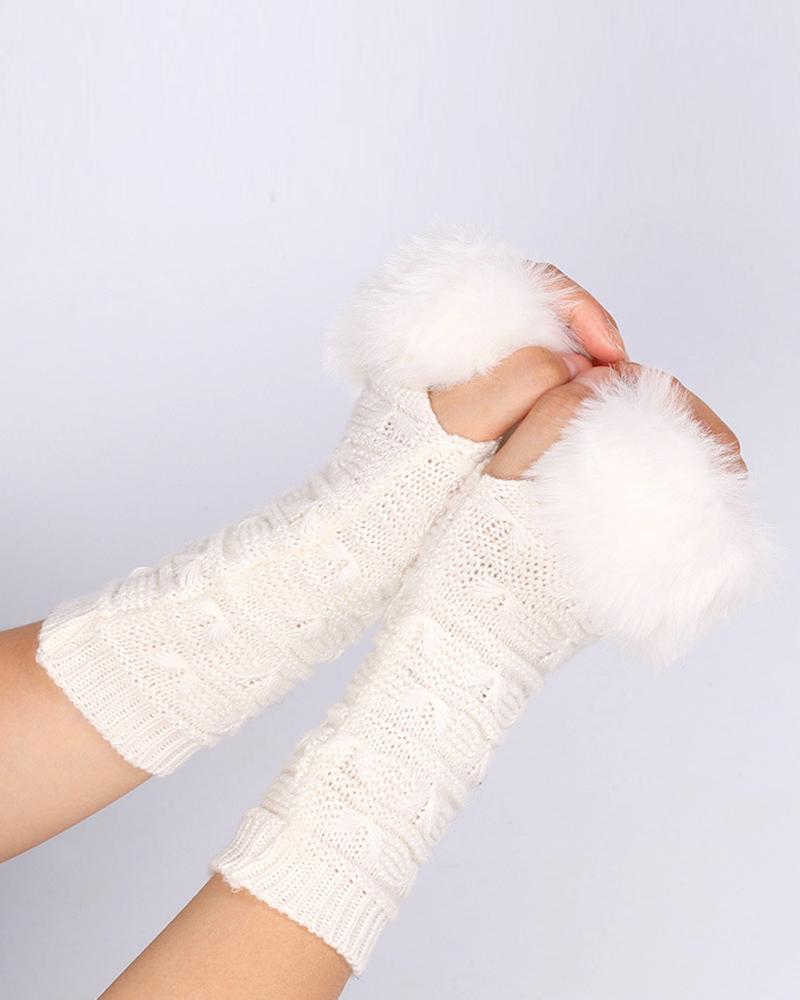 

1Pair Fuzzy Trim Bowknot Textured Knit Fingerless Gloves, White