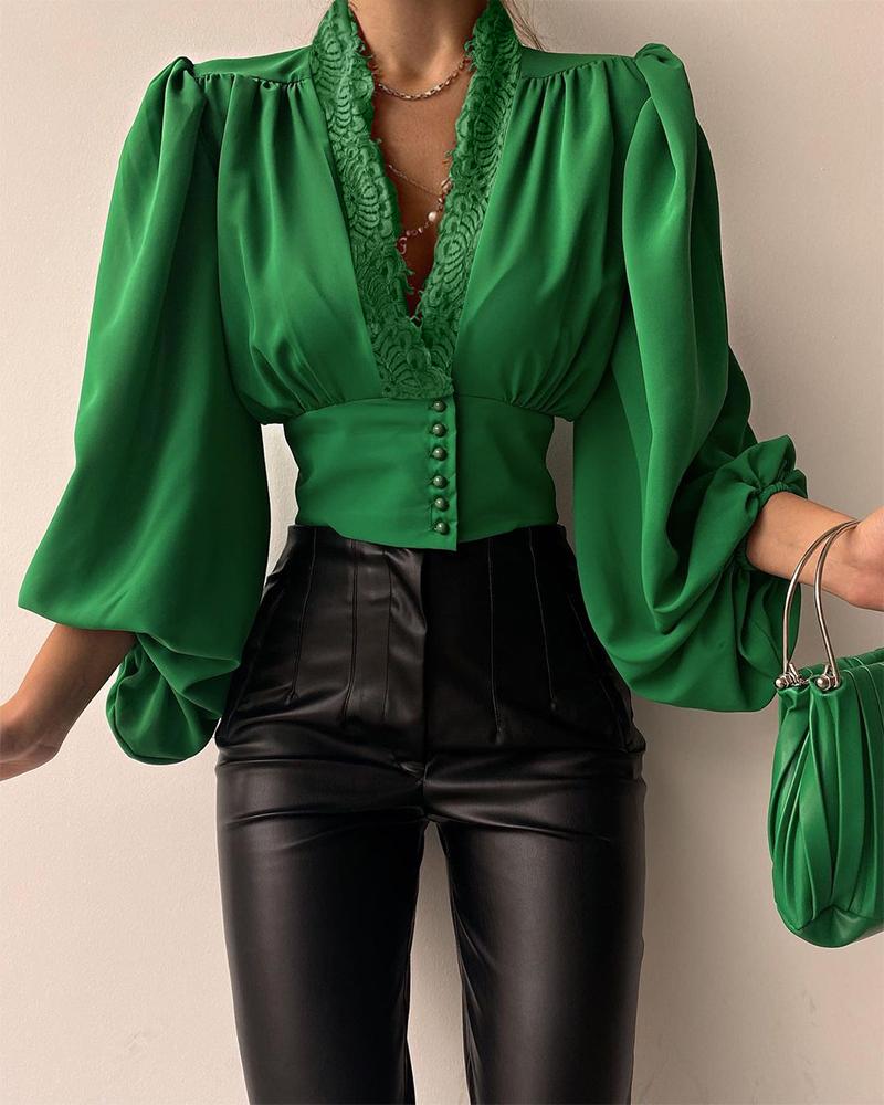 

Lace Trim V-Neck Puff Lantern Sleeve Satin Top, Green