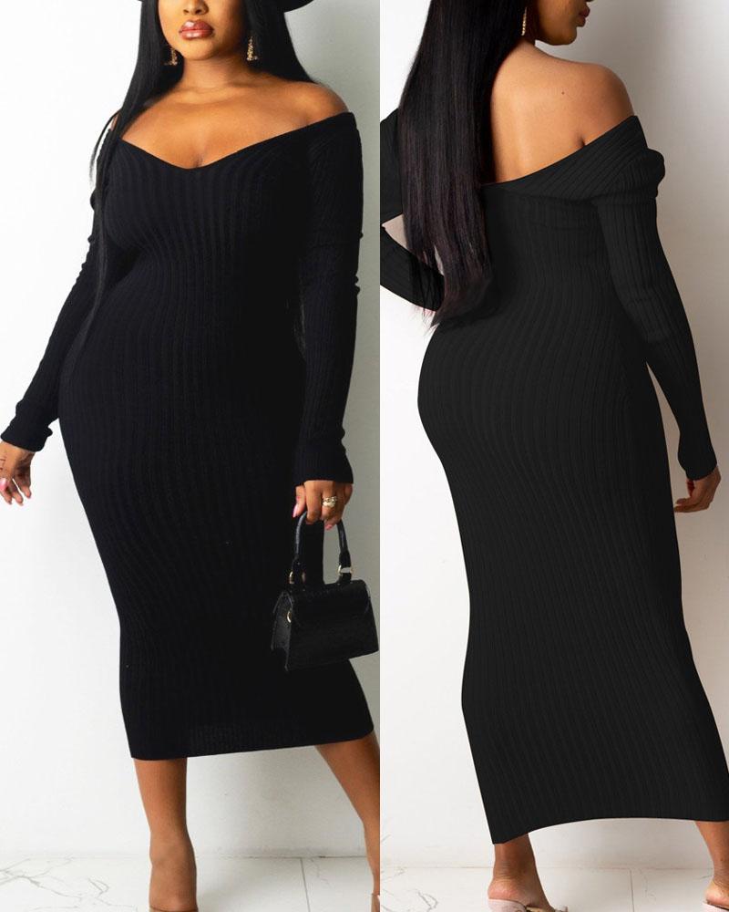 

Plus Size V-Neck Long Sleeve Bodycon Dress, Black