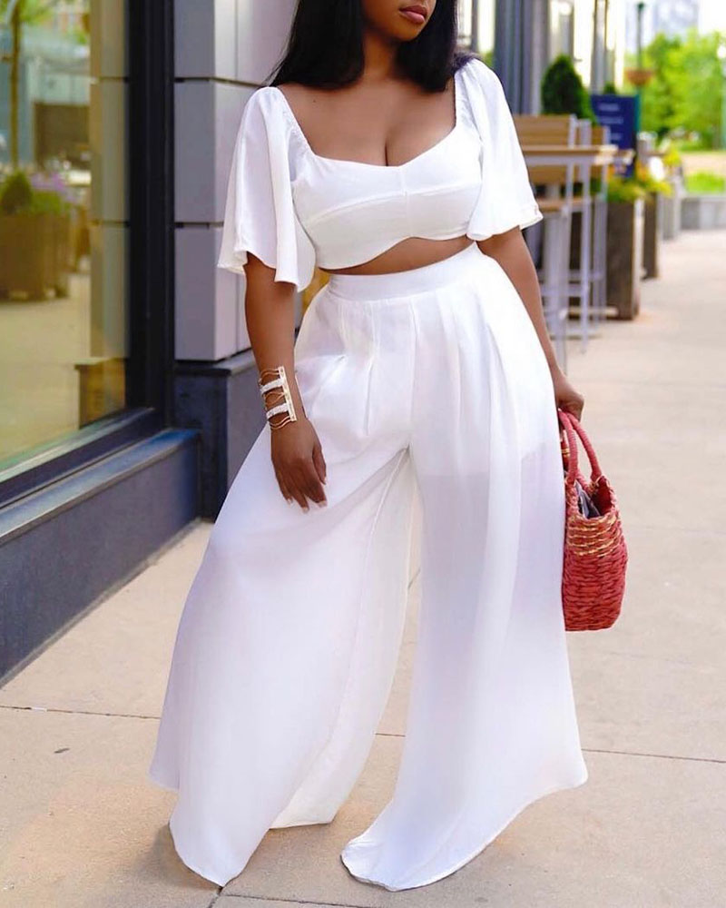 

Bell Sleeve Tie Back Crop Top & Wide Leg Pants Set, White
