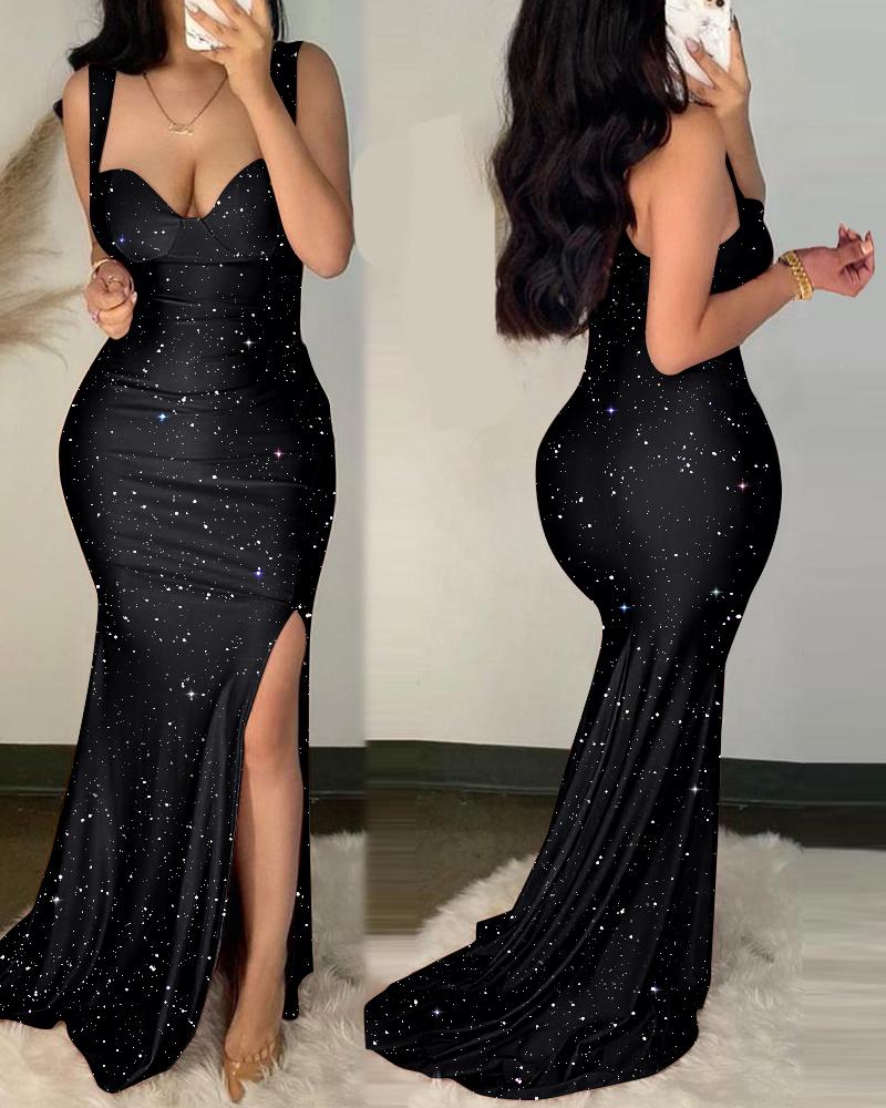 

Glitter Split Thigh Mermaid Evening Dress, Black