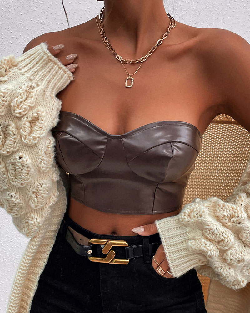 

PU Leather Crop Tube Top, Brown