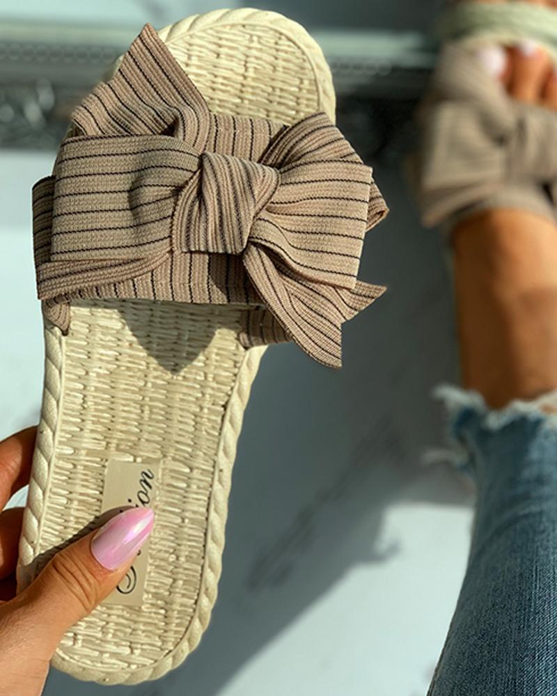 

Striped Bowknot Decor Woven Flax Flat Sandals, Brown