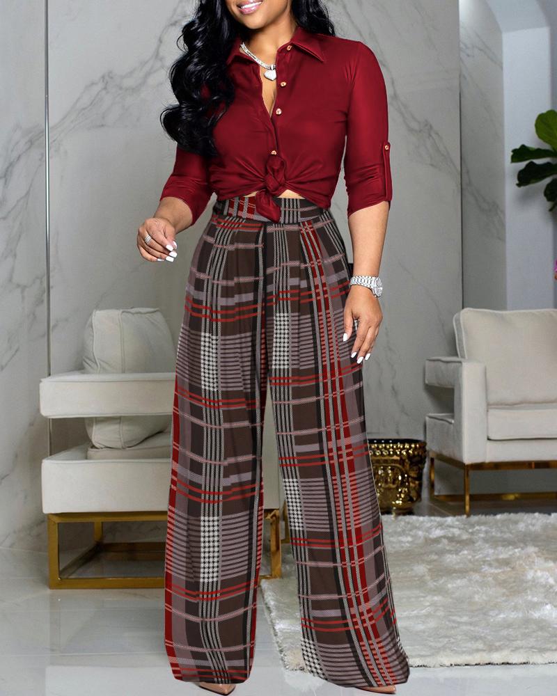

Long Sleeve Button Down Shirt & Plaid Pants Set, Wine red