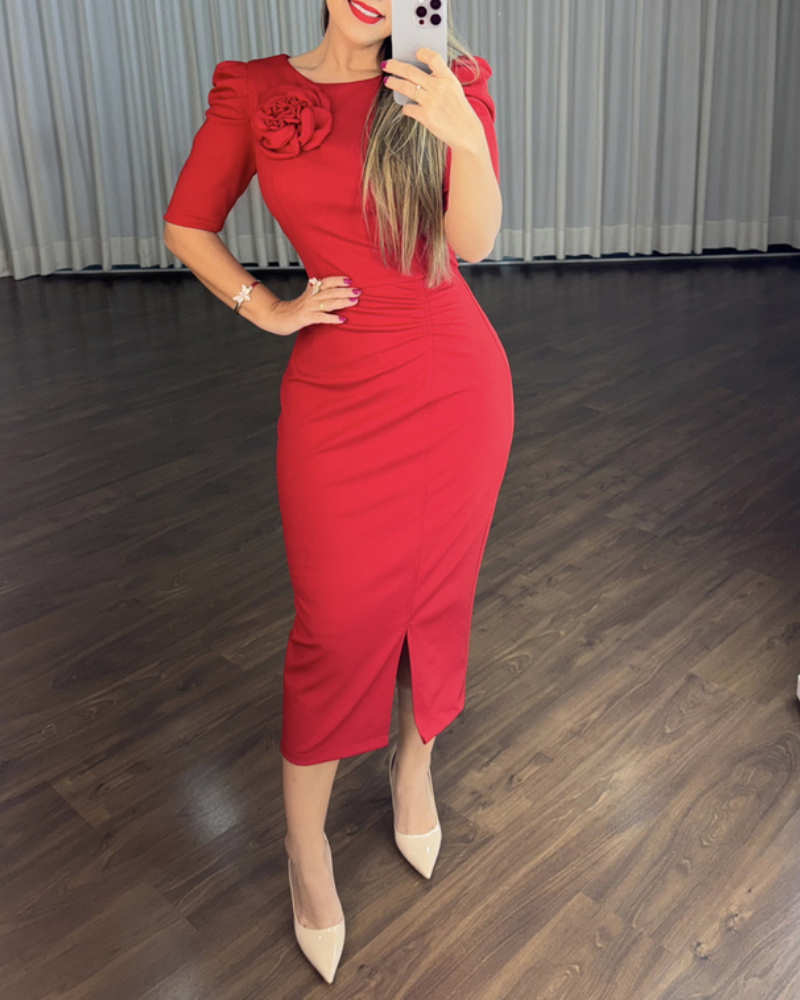 

Round Neck Puff Sleeve 3D Flower Decor Bodycon Dress Casual Ruched Slit Midi Dress, Red