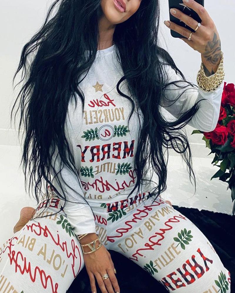 

Christmas Long Sleeve Letter Leaf Star Print Rhinestone Pajamas Set, White