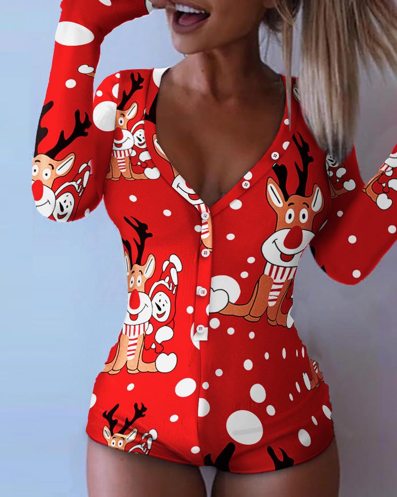 

Christmas Snow Deer Print Long Sleeve Button Romper, Multicolor