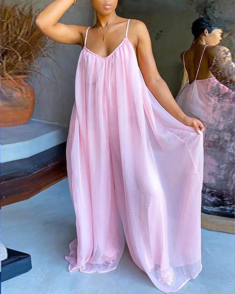 

Mesh Patch Ruched Backless Wide Leg Jumpsuit, Pink
