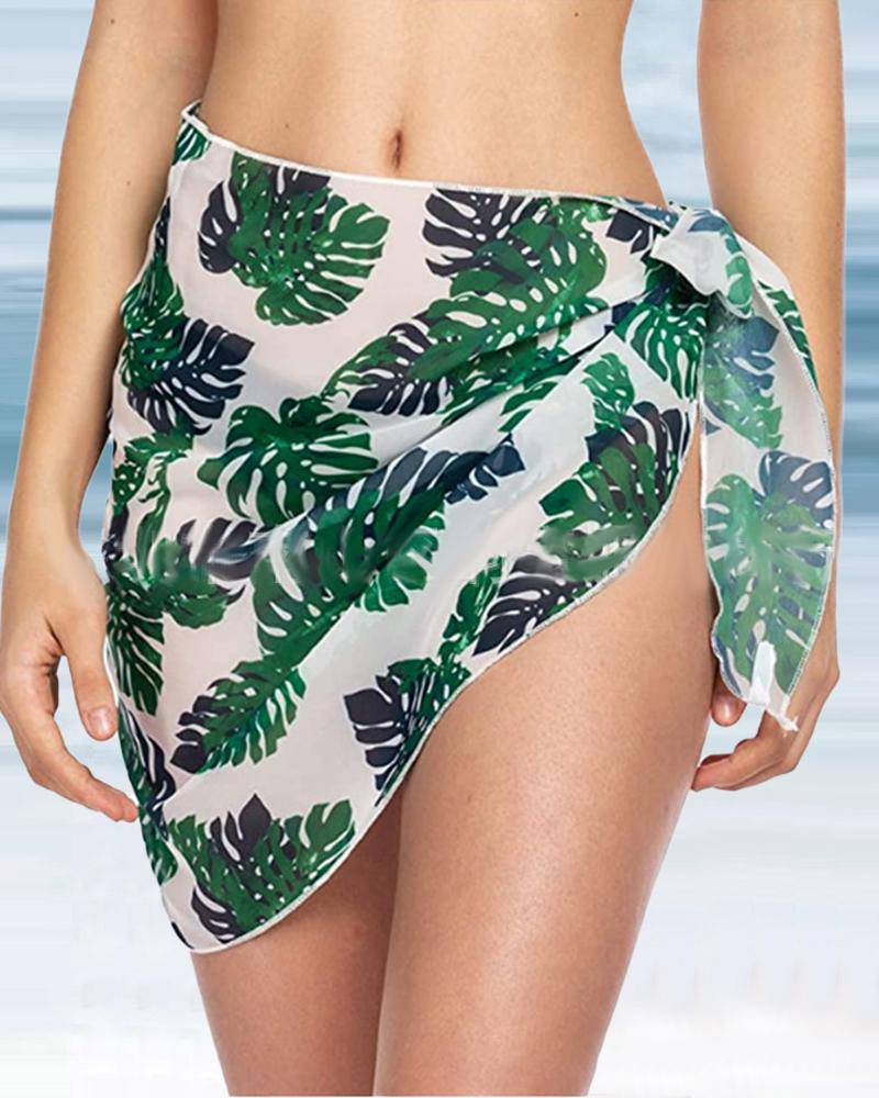 Palm Leaf Print Tied Detail Chiffon Cover Up Wrap Skirt