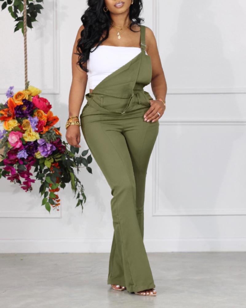 

Pocket Design Back Shirred Slit Hem Suspender Jumpsuit, Army green