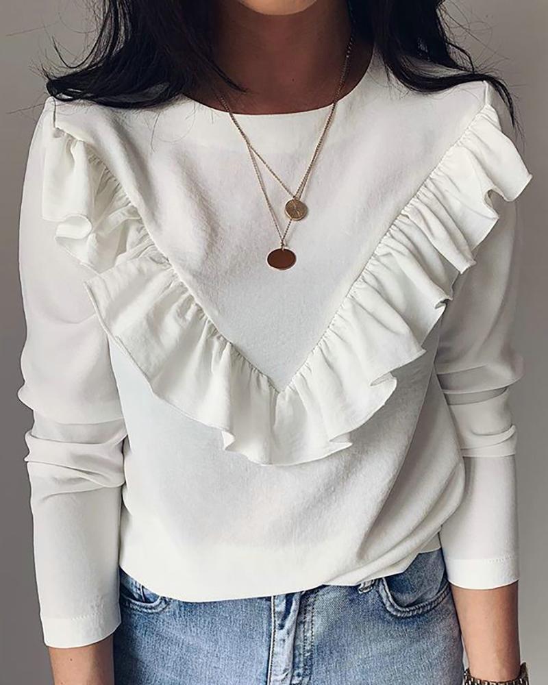 

Ruffles Design Round Neck Long Sleeve Blouse, White