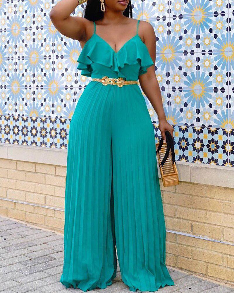 

Plus Size Ruffle Hem Pleated Wide Leg Cami Jumpsuit, Blue