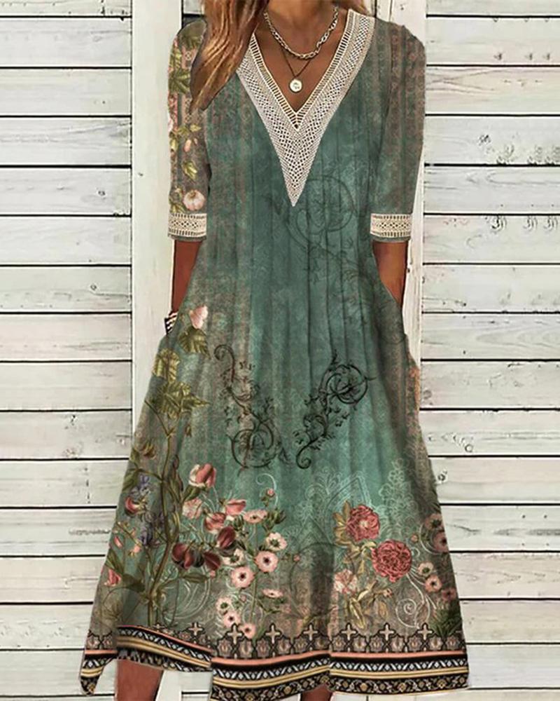 

Contrast Lace Floral Tribal Print Casual Dress, Green