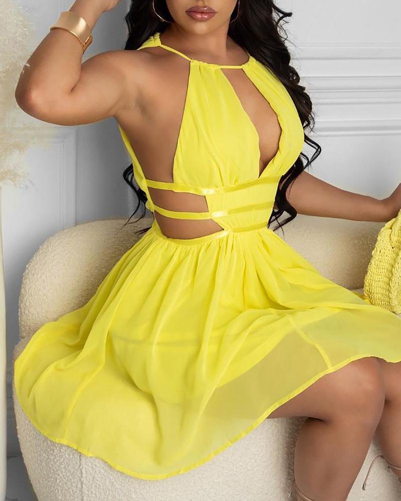 

O Neck Cutout Sheer Mesh Party Dress, Yellow