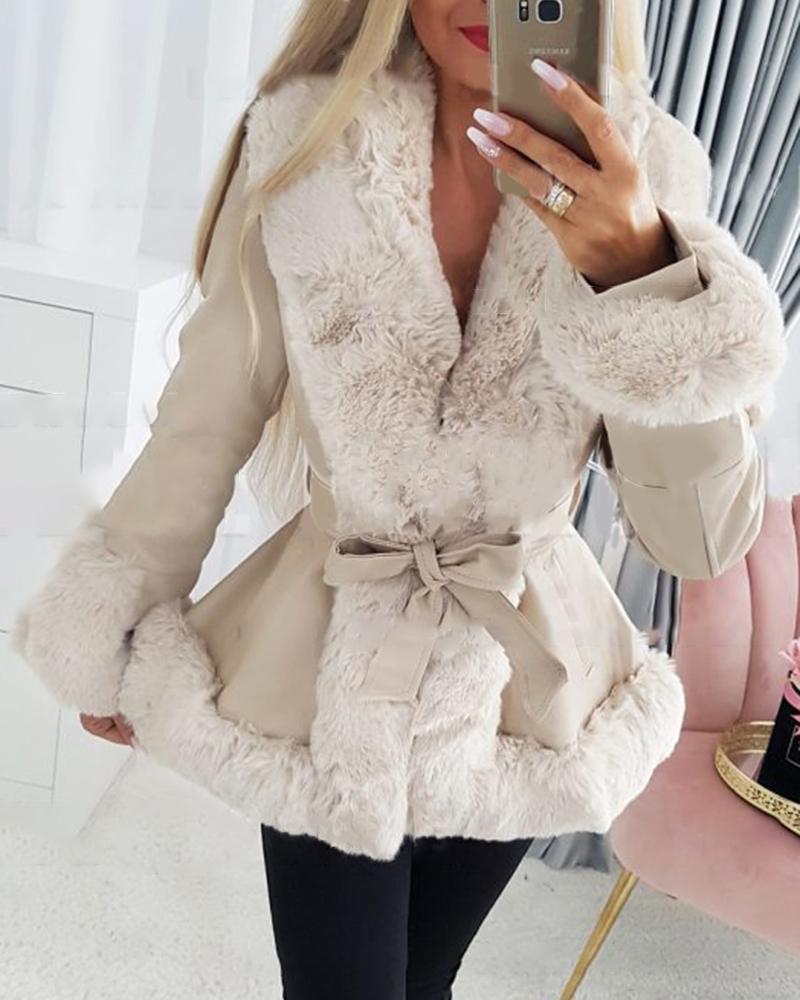 

Fuzzy Trim Long Sleeve Tied Detail Lined Coat, Beige