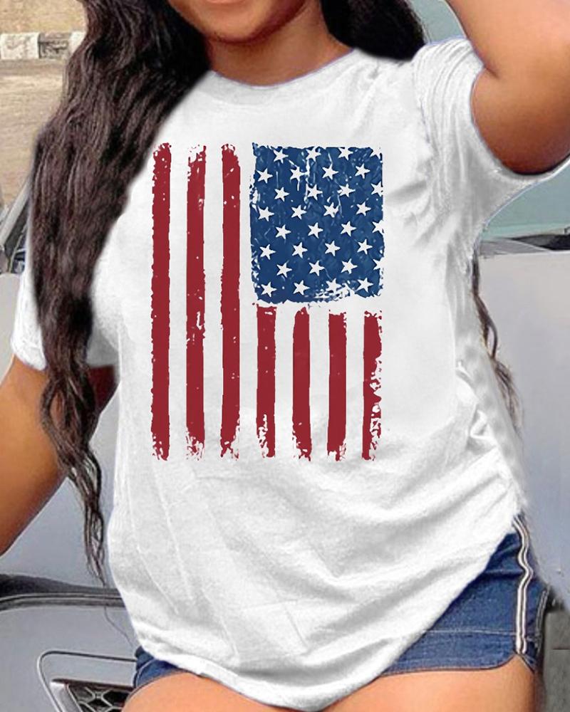 

American Flag Print Round Neck Short Sleeve Tee, White