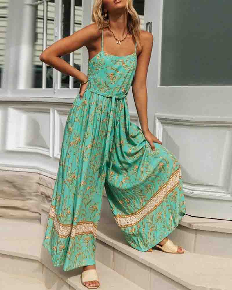 

Spaghetti Strap Floral Print Wide Leg Jumpsuit, Green