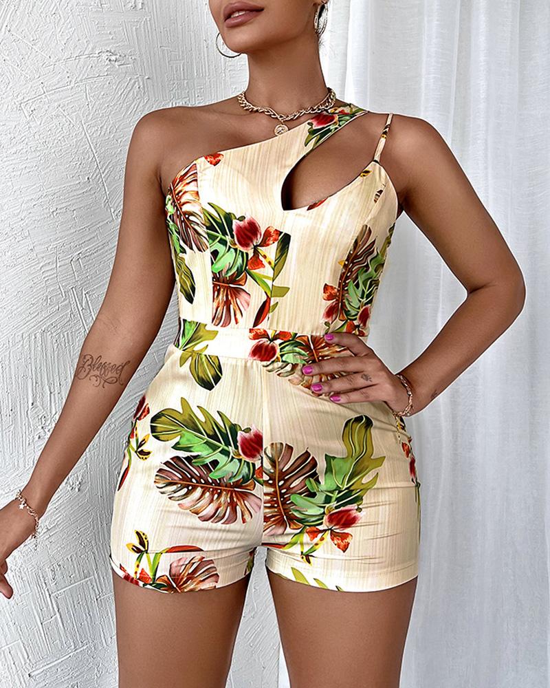 

Tropical Print Cutout One Shoulder Romper, Multicolor