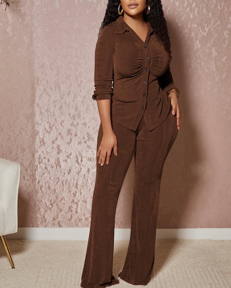 

Velvet Ruched Buttoned Shirt & Bootcut Pants Set, Brown