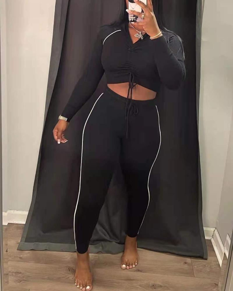 

Long Sleeve Drawstring Hooded Top & High Waist Pants Set, Black