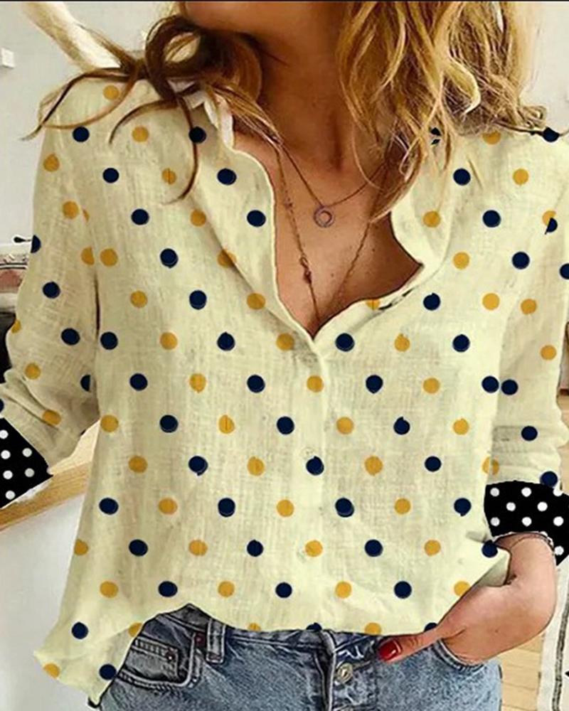 

Polkadot Print Colorblock Long Sleeve Shirt, Yellow