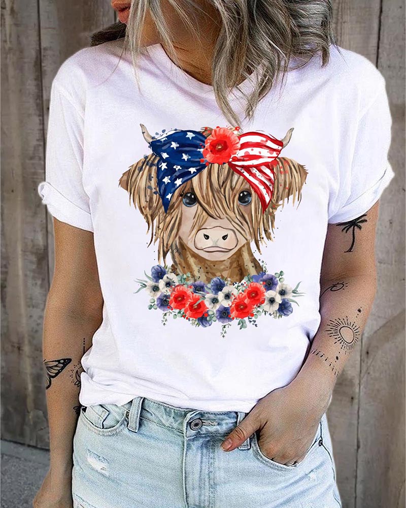 

Independence Day Flag Ox Print Casual T-shirt, White