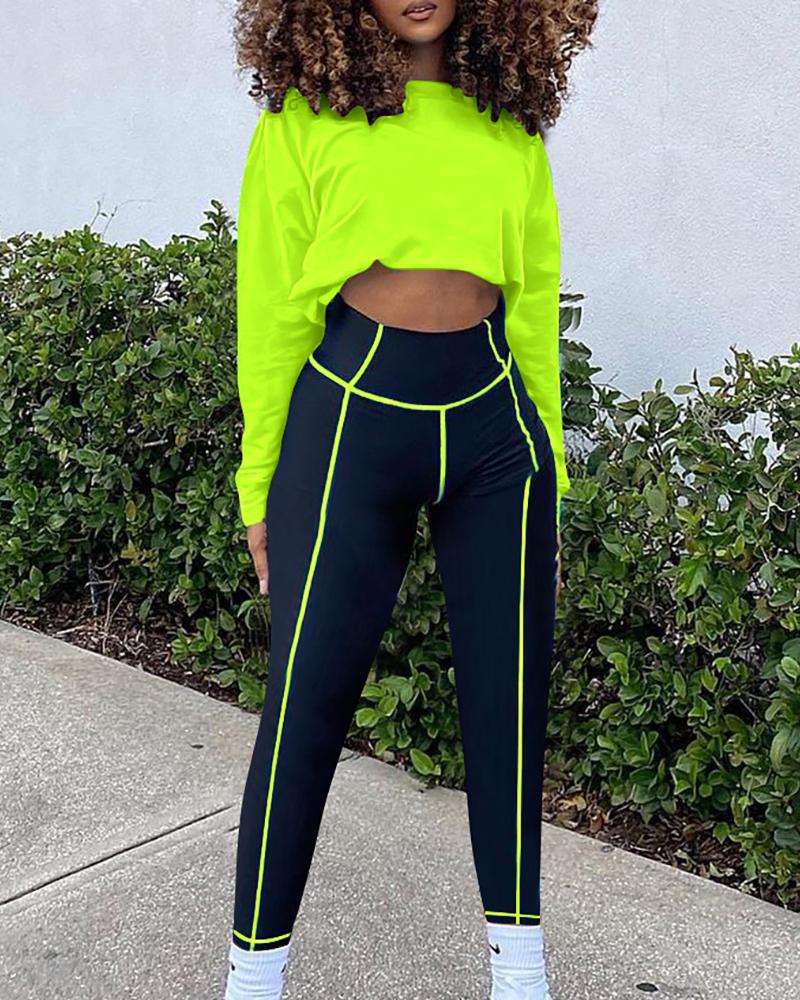 

Plain Long Sleeve Crop Top & Colorblock Skinny Pants Set, Green