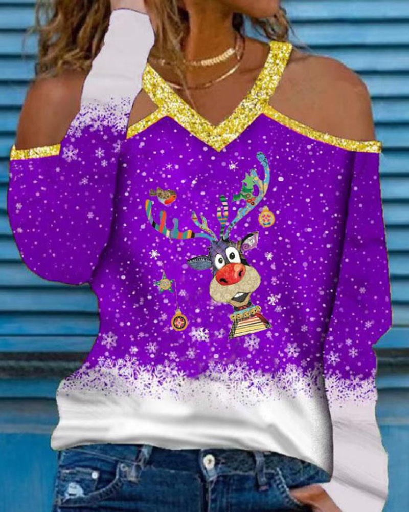 

Christmas Cartoon Elk Snowflake Print Cold Shoulder Top, Purple