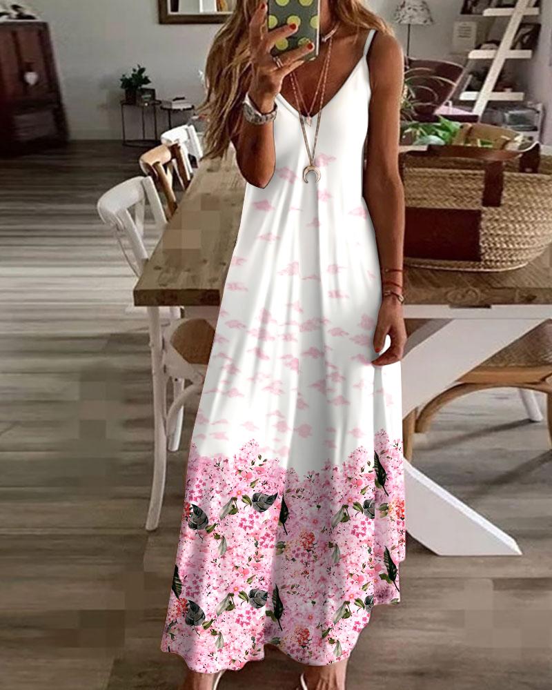 

Floral Cloud Print Spaghetti Strap Casual Dress, Pink
