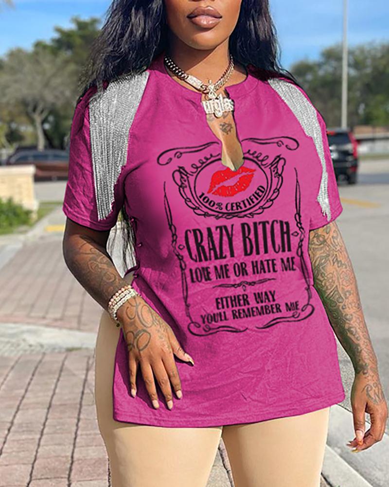 

Lip Letter Print Tassel Design Slit T-shirt, Pink