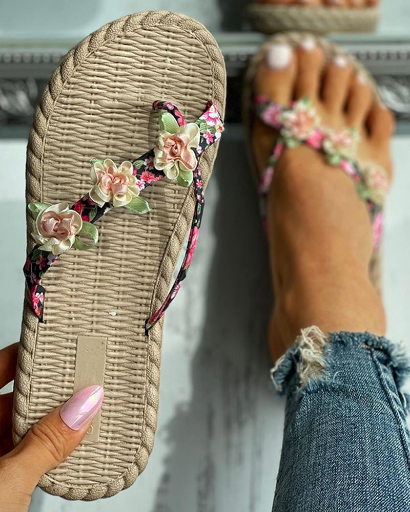 

Floral Pattern Toe Post Slippers, Pink
