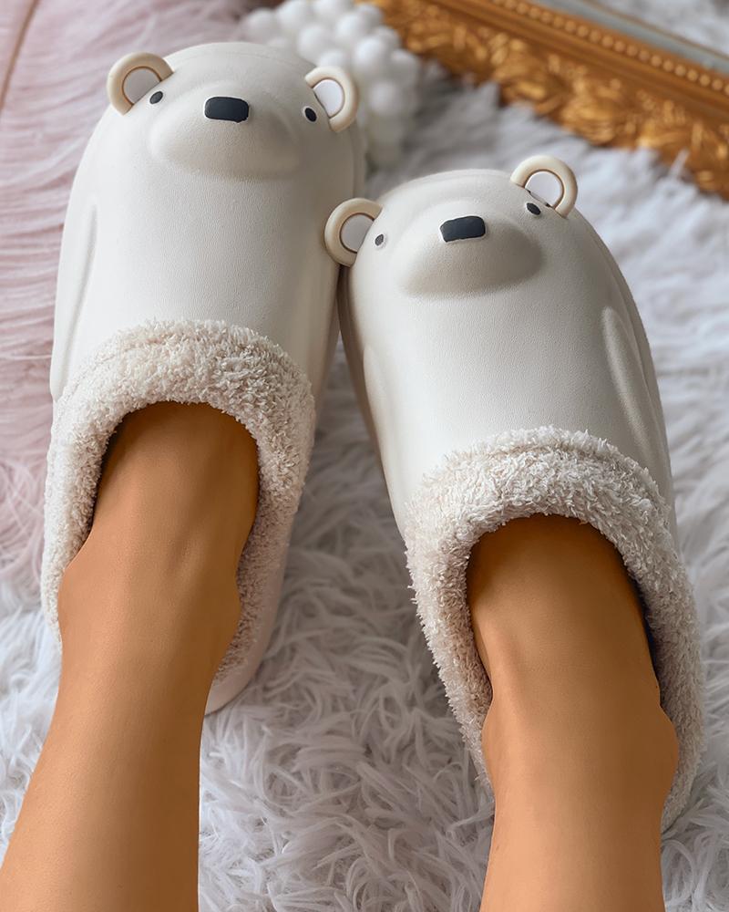 

Cartoon Bear Pattern Lined Casual Slipper, Beige