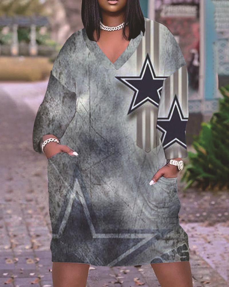 

Plus Size NFL Print Long Sleeve Casual Dress, Gray