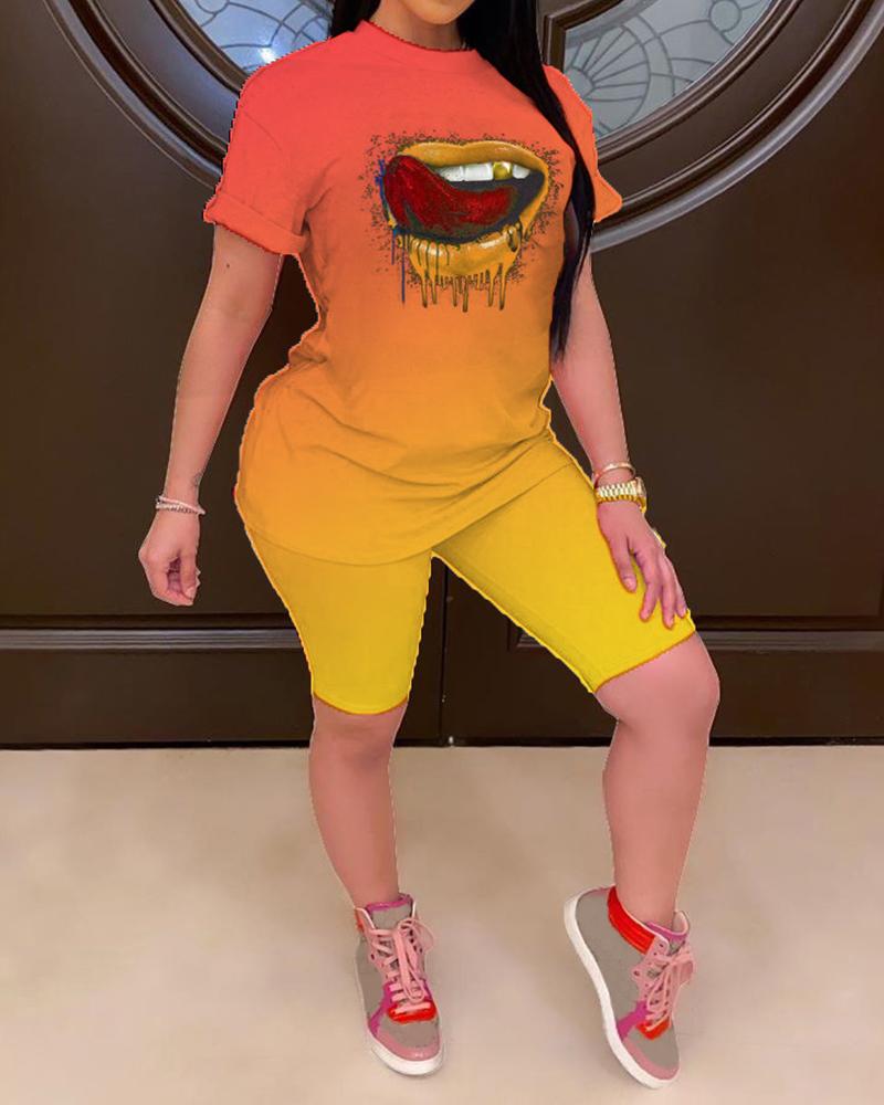 

Gradient Color Block Splicing Lip Print Short Sleeve T-shirt With Short Pants Suit Sets, Orange