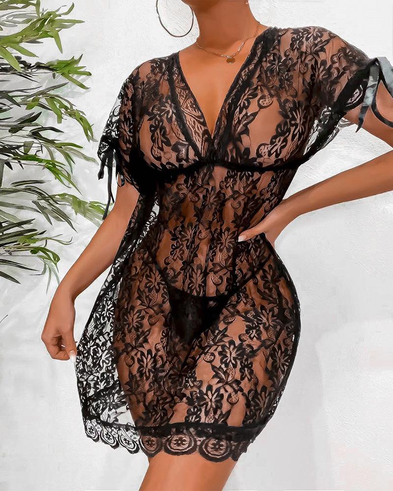 

Crochet Lace Short Sleeve Tied Detail Babydoll, Black
