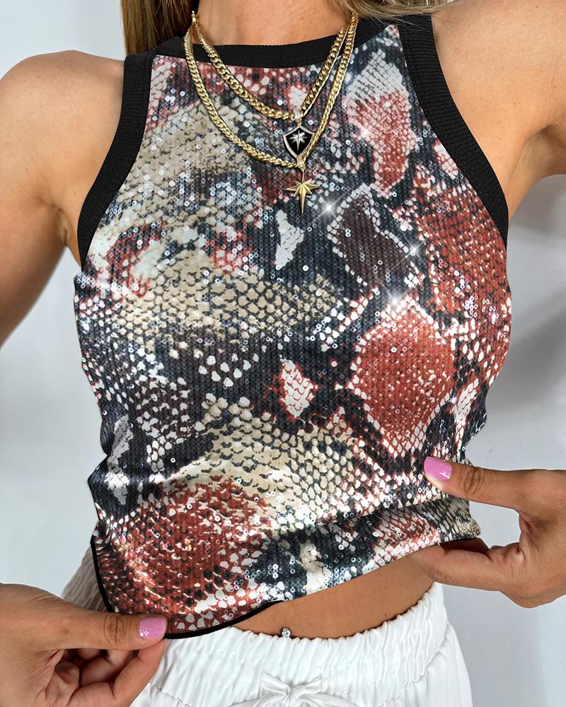

Camiseta ajustada sin mangas con cuello redondo y estampado de piel de serpiente con lentejuelas en contraste, Black