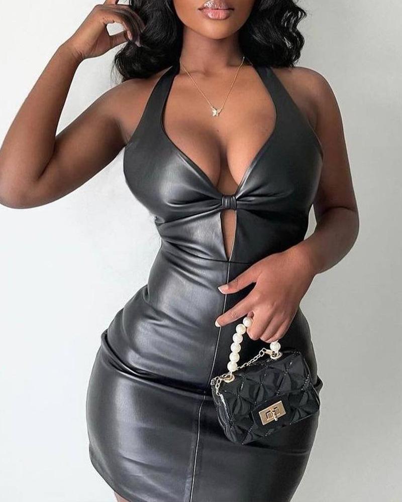 

Cutout Halter PU Leather Bodycon Dress, Black