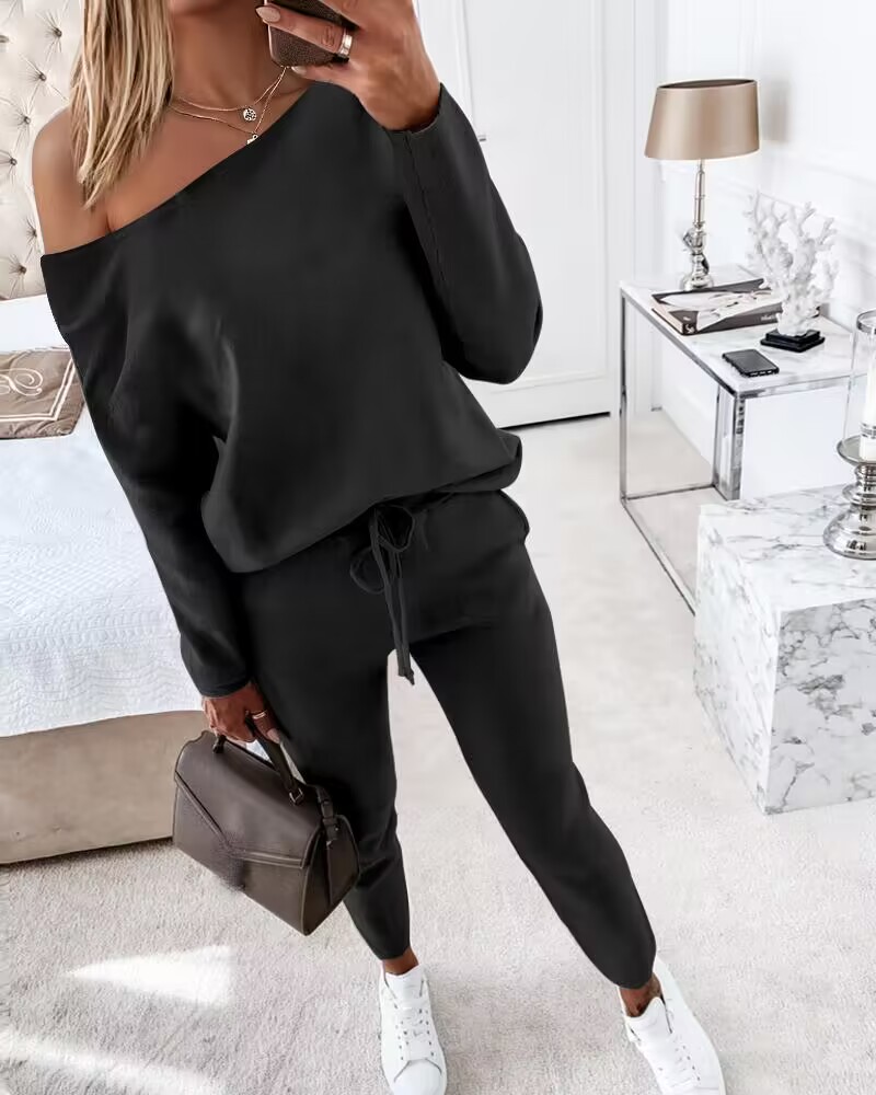 

2 Piece Lounge Outfit Long Sleeve Skew Neck Pullover Tops Stretchy Waist Pants Set Tracksuit, Black