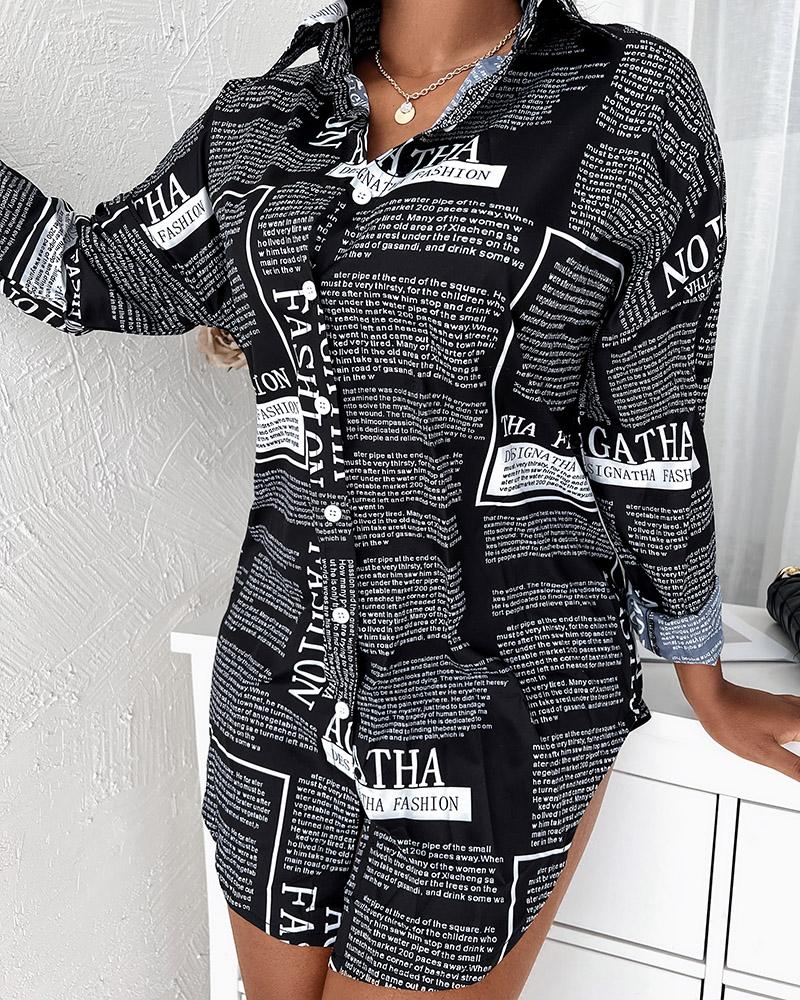 

Newspaper Print Roll Tab Sleeve Button Up Shirt, Black